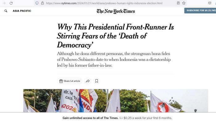 The New York Times: Prabowo Menang Demokrasi Indonesia Mati