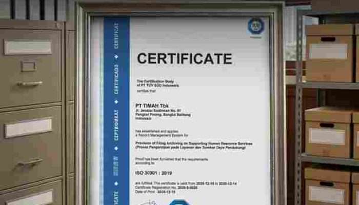 PT TIMAH Raih Sertifikasi ISO 30301:2019, Perkuat Tata Kelola Arsip Berstandar Internasional